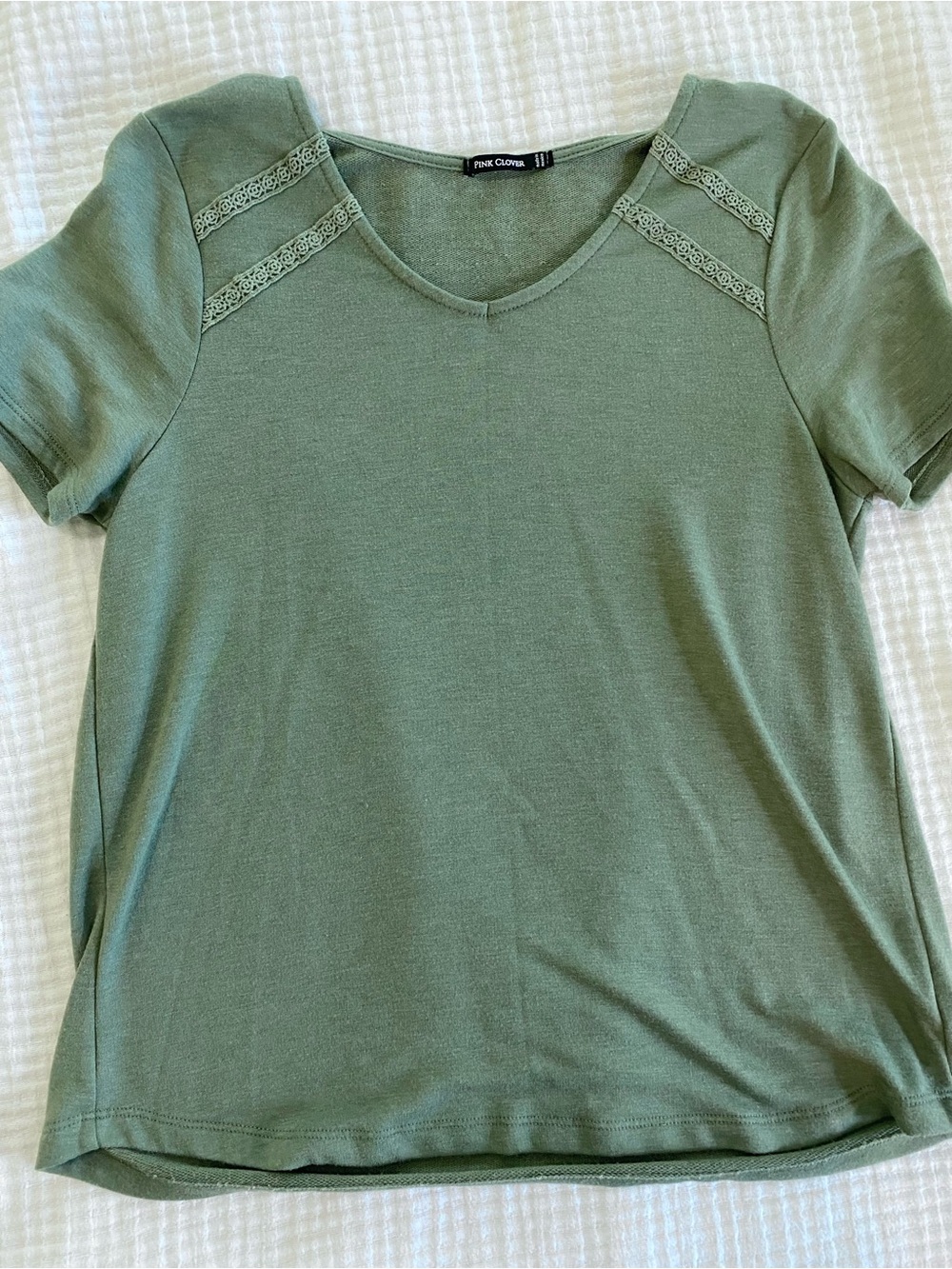 Pink Clover Sage Green Short Sleeve V-Neck Top with Lace Trim